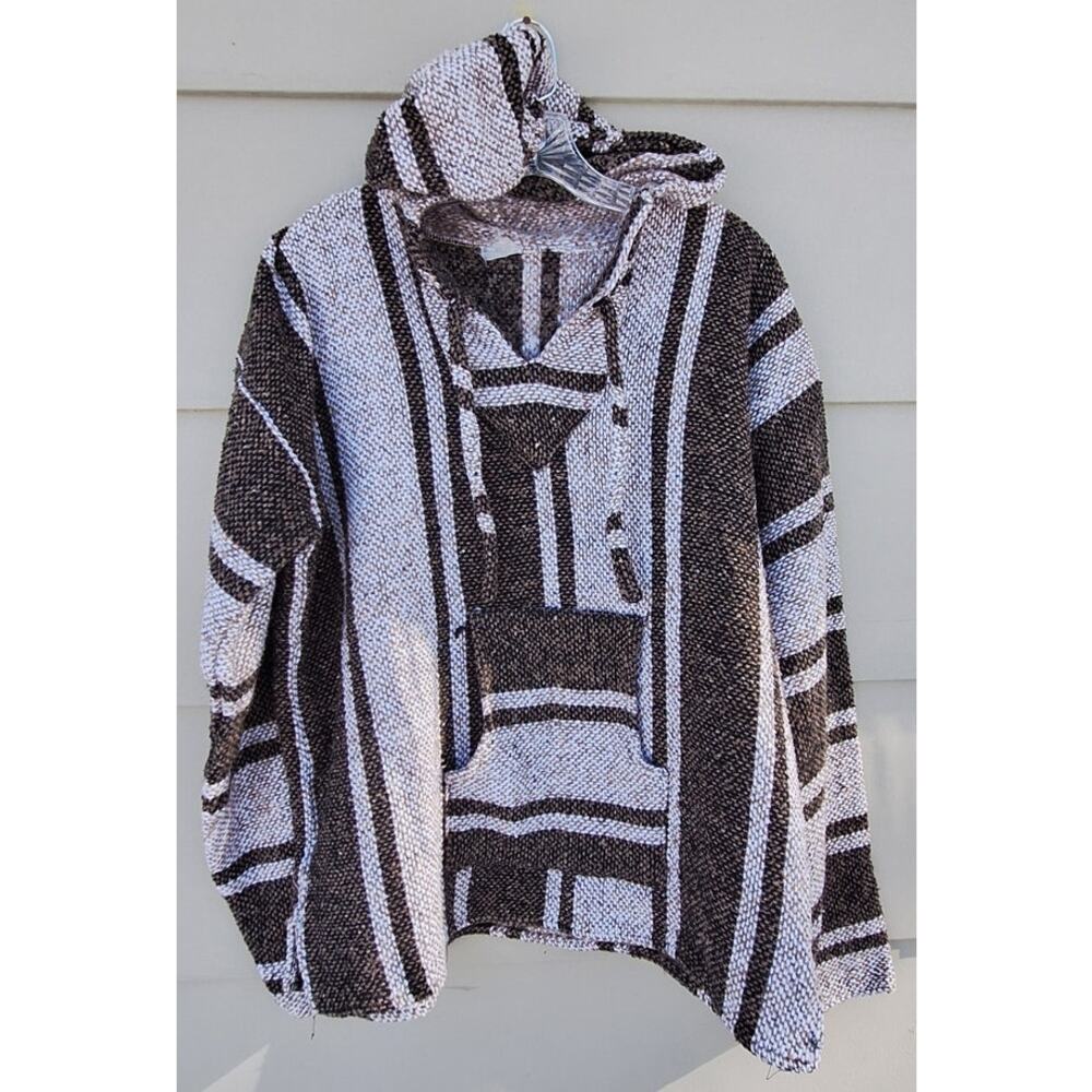Vtg. Mexican Baja Hoodie Brown Black Surfer Skater 90s Beach Casual Sweater M